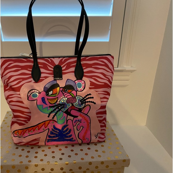 Custom new nylon hand painted Furla handbag - Picture 2 of 3